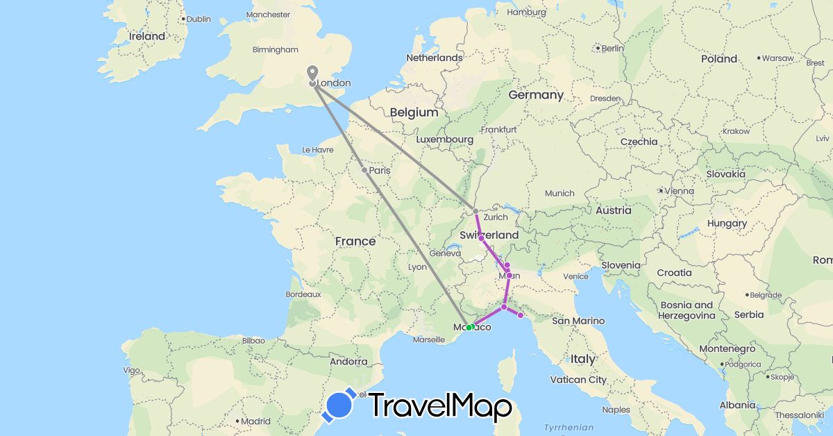 TravelMap itinerary: bus, plane, train in Switzerland, France, United Kingdom, Italy, Monaco (Europe)